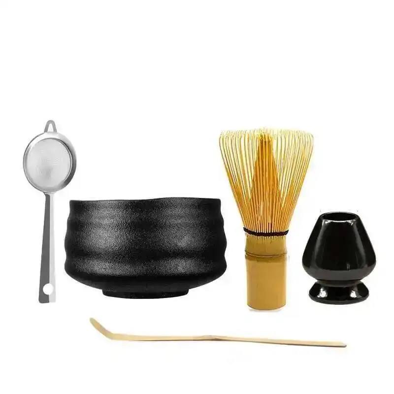 Élégant brut mat noir céramique chawan four émaillé à la main japonais matcha bol bambou fouet support cuillère Élégant brut mat noir céramique chawan four émaillé à la main japonais matcha bol bambou fouet support cuillère