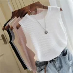 Chemisier d&rsquo;été sans manches pour femmes, col rond, tricoté, chemise, vêtements pour femmes