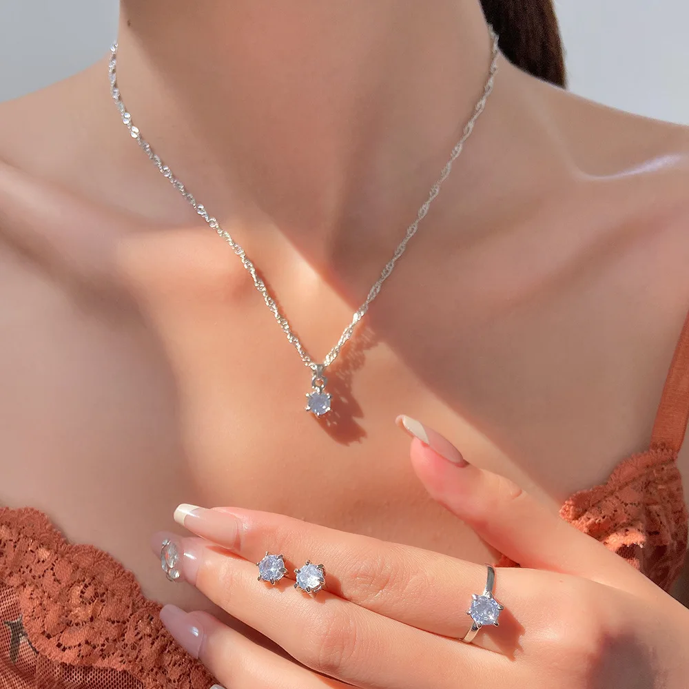 ensemble de bijoux en zircone, 5 pièces, bague en cristal, collier, bracelet, boucles d'oreilles, simple, élégant, polyvalent, coffret cadeau ensemble de bijoux en zircone, 5 pièces, bague en cristal, collier, bracelet, boucles d'oreilles, simple, élégant, polyvalent, coffret cadeau