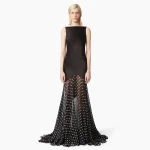 Robe de soirée moderne en satin noir à pois en mousseline de soie, dos nu, sexy, sirène, sans manches, trompette, robes de soirée formelles pour femmes Robe de soirée moderne en satin noir à pois en mousseline de soie, dos nu, sexy, sirène, sans manches, trompette, robes de soirée formelles pour femmes