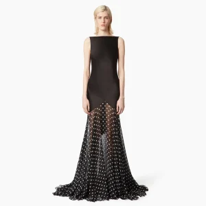 Robe de soirée moderne en satin noir à pois en mousseline de soie, dos nu, sexy, sirène, sans manches, trompette, robes de soirée formelles pour femmes
