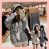 sweat à capuche japonais harajuku cat ear pour femme, sweat à capuche zippé, vestes de dessin animé à rayures esthétiques, vêtements de broderie y, mignon