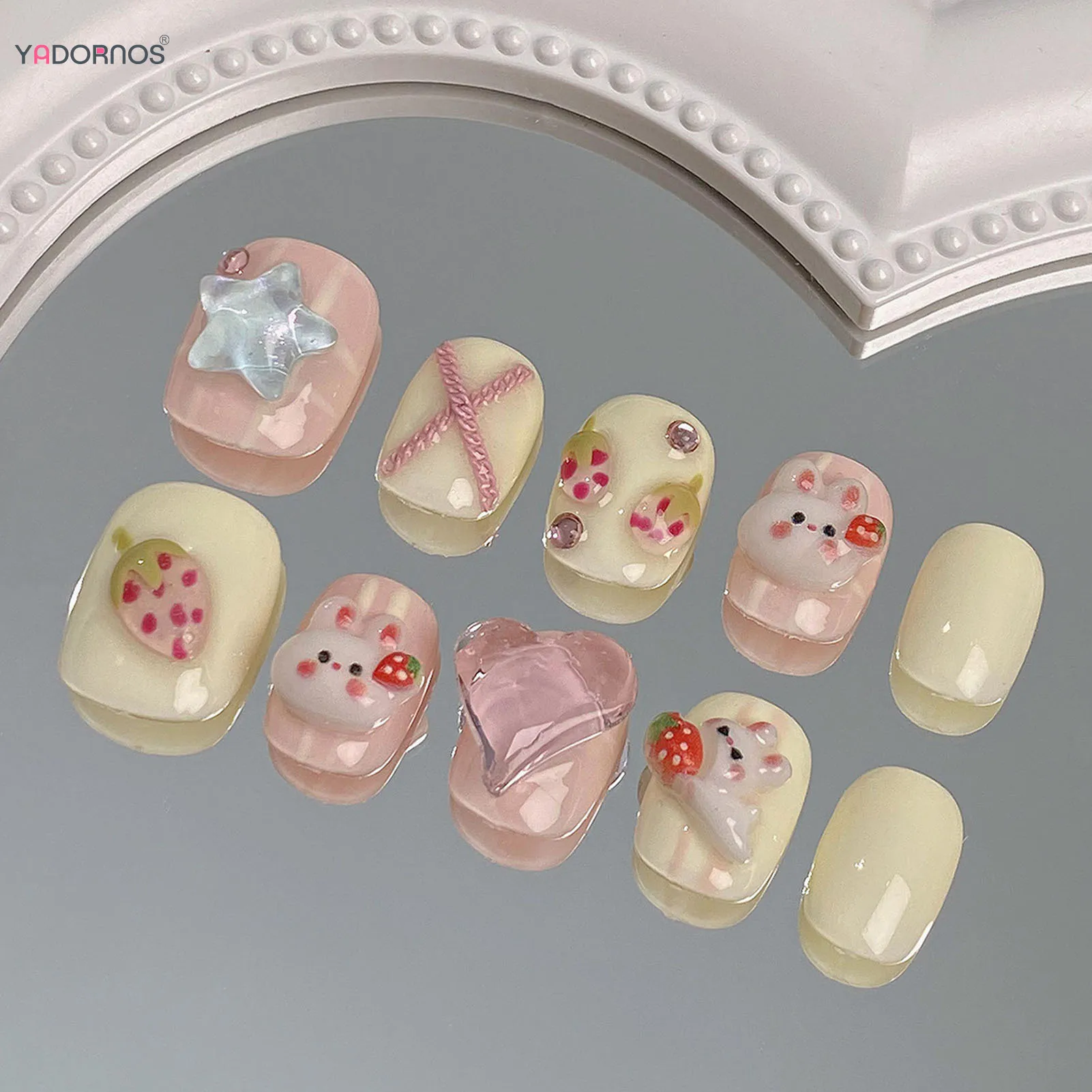 faux ongles faits à la main, fraise rose, lapin mignon, diamant conçu, courts et ronds, à pression, pour femmes et filles, manucure quotidienne à faire soi même faux ongles faits à la main, fraise rose, lapin mignon, diamant conçu, courts et ronds, à pression, pour femmes et filles, manucure quotidienne à faire soi même