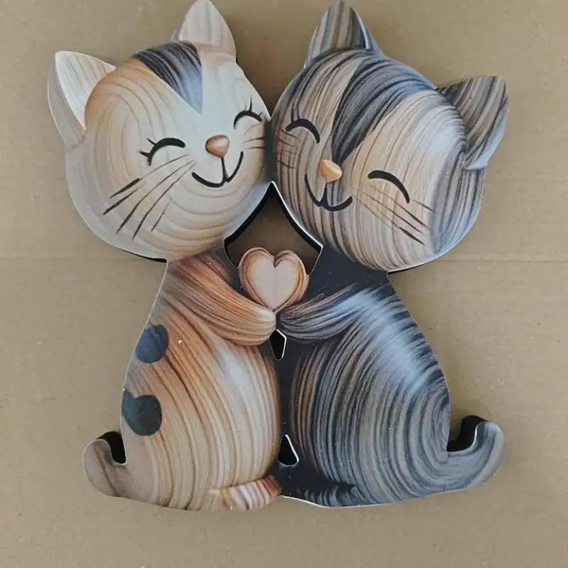 sculpture de couple chaton en bois, charmant chat plat 2d, cadeau pour passionné, grain de bois clair et foncé, décoration d'entrée de bureau pour la maison sculpture de couple chaton en bois, charmant chat plat 2d, cadeau pour passionné, grain de bois clair et foncé, décoration d'entrée de bureau pour la maison