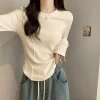 t shirt blanc à manches longues pour femmes, haut court en arête de poisson, design amincissant, lisse, silhouette, filetage, couche de base en velours