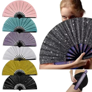 Éventail pliant en os de bambou, poudre scintillante, cadeaux de fête de mariage, éventail portatif pour spectacle de Festival, éventail de danse coloré Éventail pliant en os de bambou, poudre scintillante, cadeaux de fête de mariage, éventail portatif pour spectacle de Festival, éventail de danse coloré