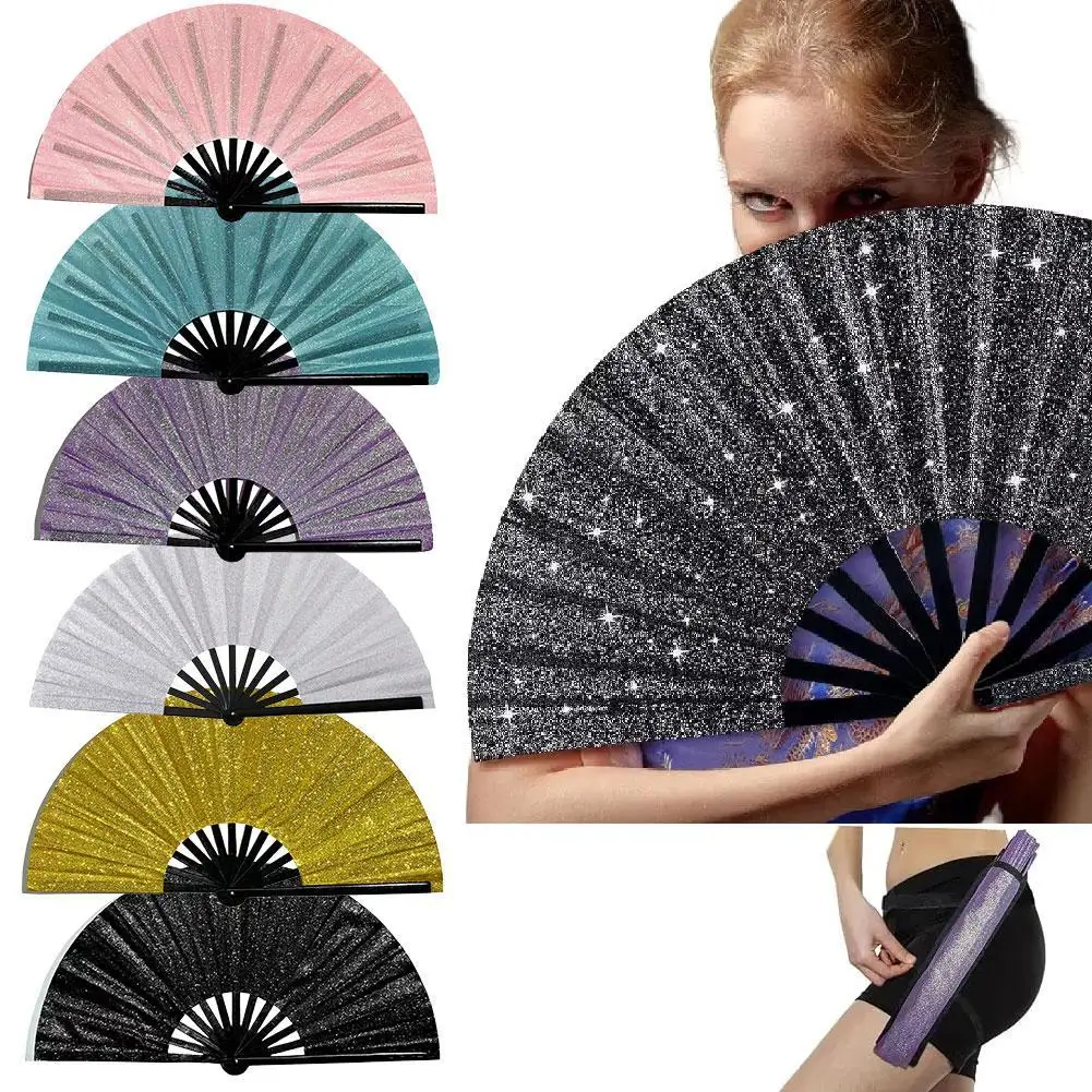 Éventail pliant en os de bambou, poudre scintillante, cadeaux de fête de mariage, éventail portatif pour spectacle de Festival, éventail de danse coloré Éventail pliant en os de bambou, poudre scintillante, cadeaux de fête de mariage, éventail portatif pour spectacle de Festival, éventail de danse coloré