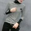 t shirt rayé à col roulé pour femmes, pulls épissés, vêtements coréens minces, lettres de trajet, conceptions de patch de mode, printemps, automne, 2023