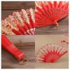 Éventail ancien chinois pliant en plastique, éventail hanfu pour femmes, décoration de maison japonaise, danse noire et rouge, éventail pliant pour fête de mariage