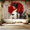 fond de samouraï japonais, kimono blanc avec tapisserie d'épée, revêtement mural décoratif pour femme, accent floral rouge, salon