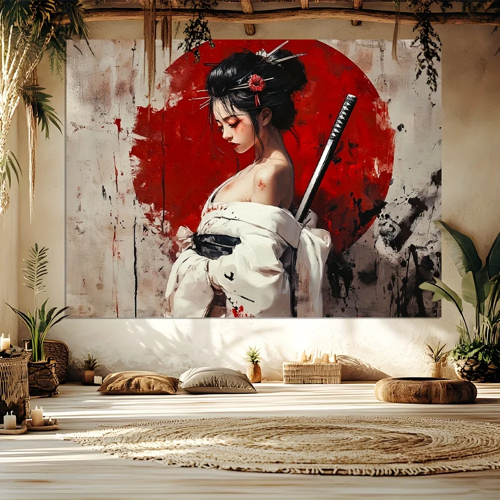 fond de samouraï japonais, kimono blanc avec tapisserie d'épée, revêtement mural décoratif pour femme, accent floral rouge, salon fond de samouraï japonais, kimono blanc avec tapisserie d'épée, revêtement mural décoratif pour femme, accent floral rouge, salon