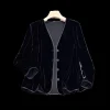vestes noires en velours pour femmes, vêtements d'extérieur vintage de style chinois, hauts surdimensionnés, col en v, manteaux de tempérament chic, 2025