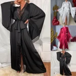 Robe longue en satin pour femmes, vêtements de nuit en dentelle, patchwork, peignoir, manches évasées, chemise de nuit douce