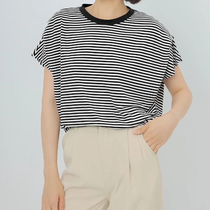t shirt rayé japonais en coton pour femmes, ample, manches chauve souris, haut tricoté pour femmes t shirt rayé japonais en coton pour femmes, ample, manches chauve souris, haut tricoté pour femmes