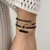 ensemble de bracelets en pierre de verre noir fait à la main pour femmes, bohème multicouche empilé, chaîne à maillons en perles de riz, bijoux à la mode