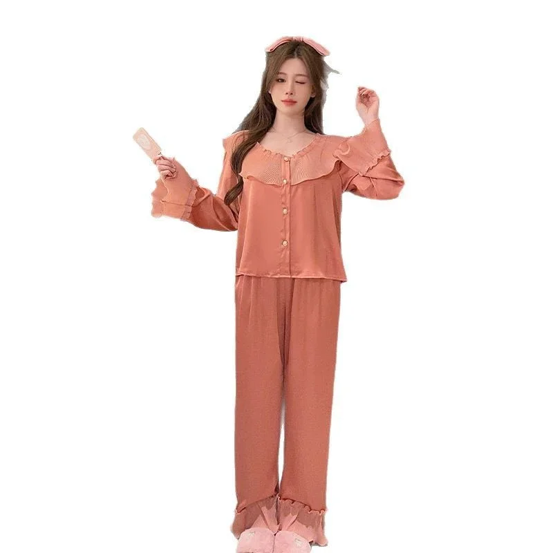 pyjama en soie glacée pour femme, manches longues, mignon, nouveau style, soie fine, à volants, chemise et pantalon, vêtements de détente, printemps automne pyjama en soie glacée pour femme, manches longues, mignon, nouveau style, soie fine, à volants, chemise et pantalon, vêtements de détente, printemps automne