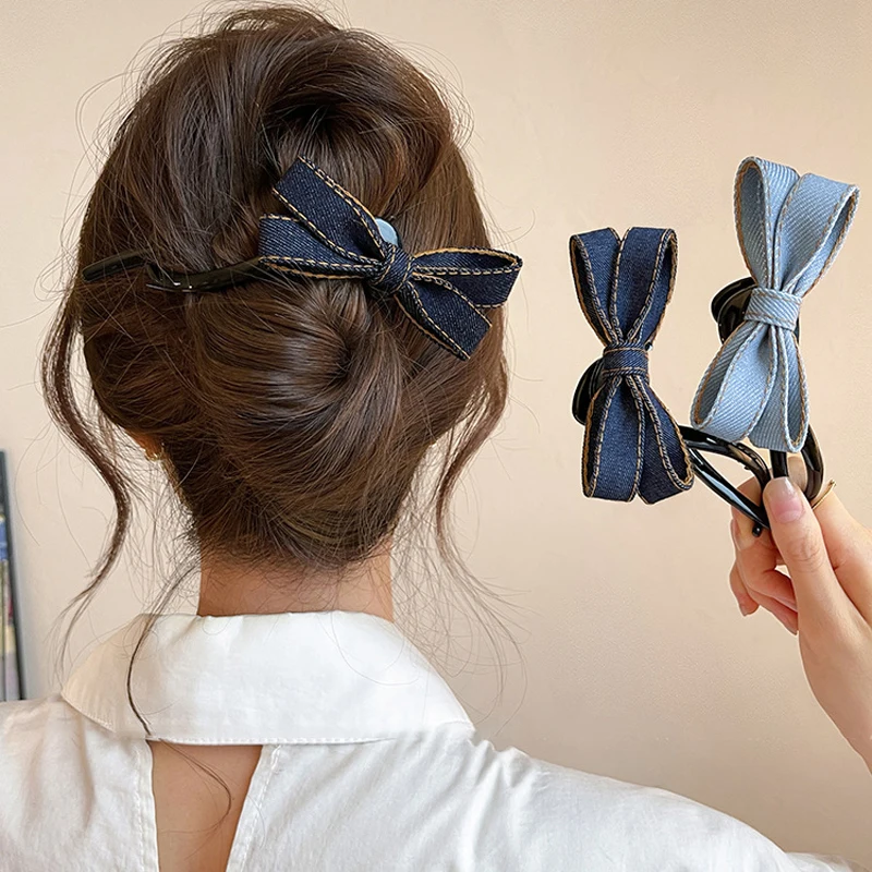 pinces à cheveux torsadées avec nœud bleu pour femmes, épingle à cheveux droite en denim exquise, barrettes vintage douces, accessoires pour cheveux polyvalents et décontractés pinces à cheveux torsadées avec nœud bleu pour femmes, épingle à cheveux droite en denim exquise, barrettes vintage douces, accessoires pour cheveux polyvalents et décontractés