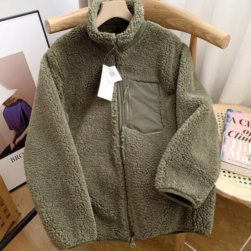 veste polaire japonaise à col montant pour hommes et femmes, manteau ample et chaud en laine d'agneau avec fermeture éclair pour couple, couleur unie, automne et hiver veste polaire japonaise à col montant pour hommes et femmes, manteau ample et chaud en laine d'agneau avec fermeture éclair pour couple, couleur unie, automne et hiver