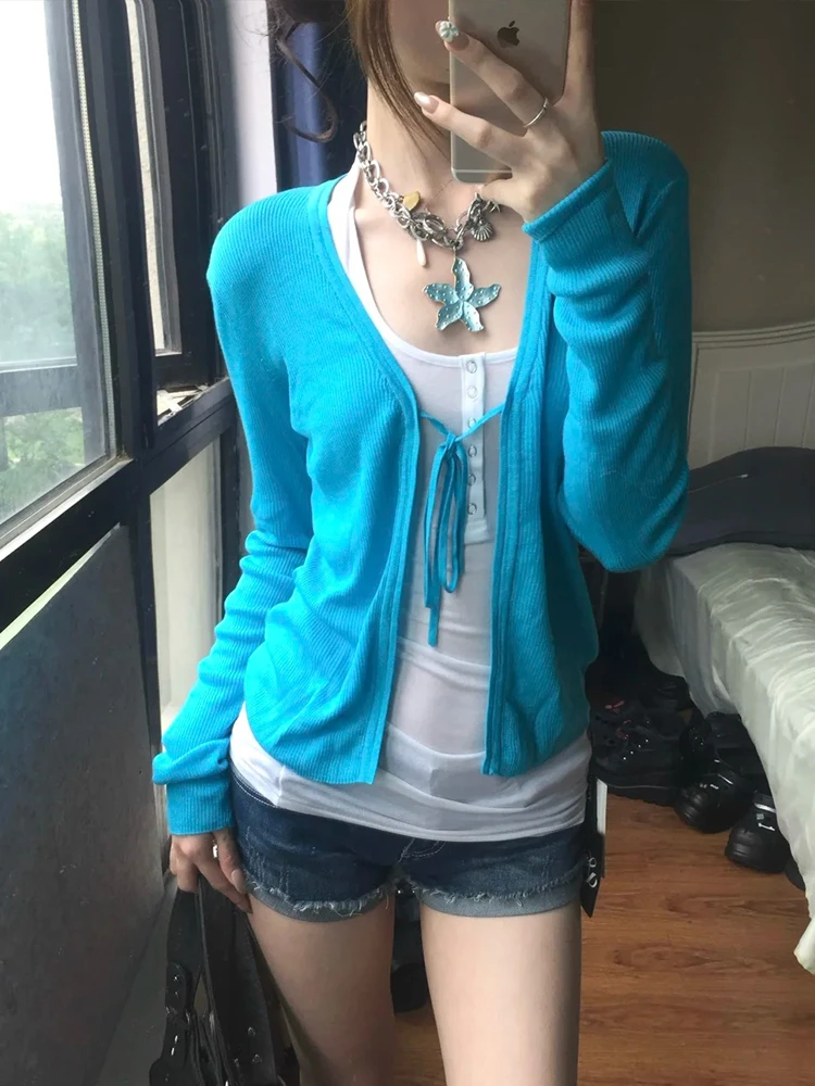 genayooa harajuku cardigan à lacets femmes à manches longues bleu pull en tricot y2k japonais vintage hauts 2000s streetwear cardigans manteau genayooa harajuku cardigan à lacets femmes à manches longues bleu pull en tricot y2k japonais vintage hauts 2000s streetwear cardigans manteau