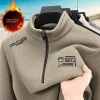 veste t shirt à manches longues pour hommes, doublure polaire, vintage, demi fermeture éclair, imprimé, texture à carreaux, pull épais et chaud, sweat shirt à col roulé