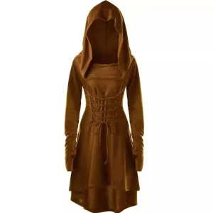 Robe gothique Vintage élégante à manches longues, à capuche, ceinturée, Y2K, Costume de spectacle festif pour femmes, couleur Pure, tendance, Cosplay, nouvelle collection 2025 Robe gothique Vintage élégante à manches longues, à capuche, ceinturée, Y2K, Costume de spectacle festif pour femmes, couleur Pure, tendance, Cosplay, nouvelle collection 2025