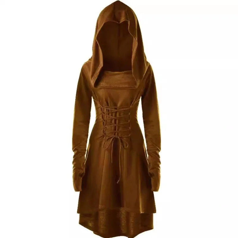 Robe gothique Vintage élégante à manches longues, à capuche, ceinturée, Y2K, Costume de spectacle festif pour femmes, couleur Pure, tendance, Cosplay, nouvelle collection 2025 Robe gothique Vintage élégante à manches longues, à capuche, ceinturée, Y2K, Costume de spectacle festif pour femmes, couleur Pure, tendance, Cosplay, nouvelle collection 2025