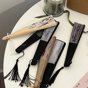 InjAlberese-Éventail Pliant Japonais en Bambou, Tige Colorée, brevClassique, Pompon, Indépendant, Décoration de la Maison