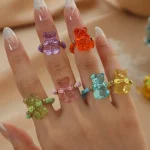 Ensemble de 6 pièces ondulées coréennes, couleur gelée Y2K, anneau ours mignon en résine, élasticité réglable, perle de riz, accessoires pour femmes, cadeau, 2025