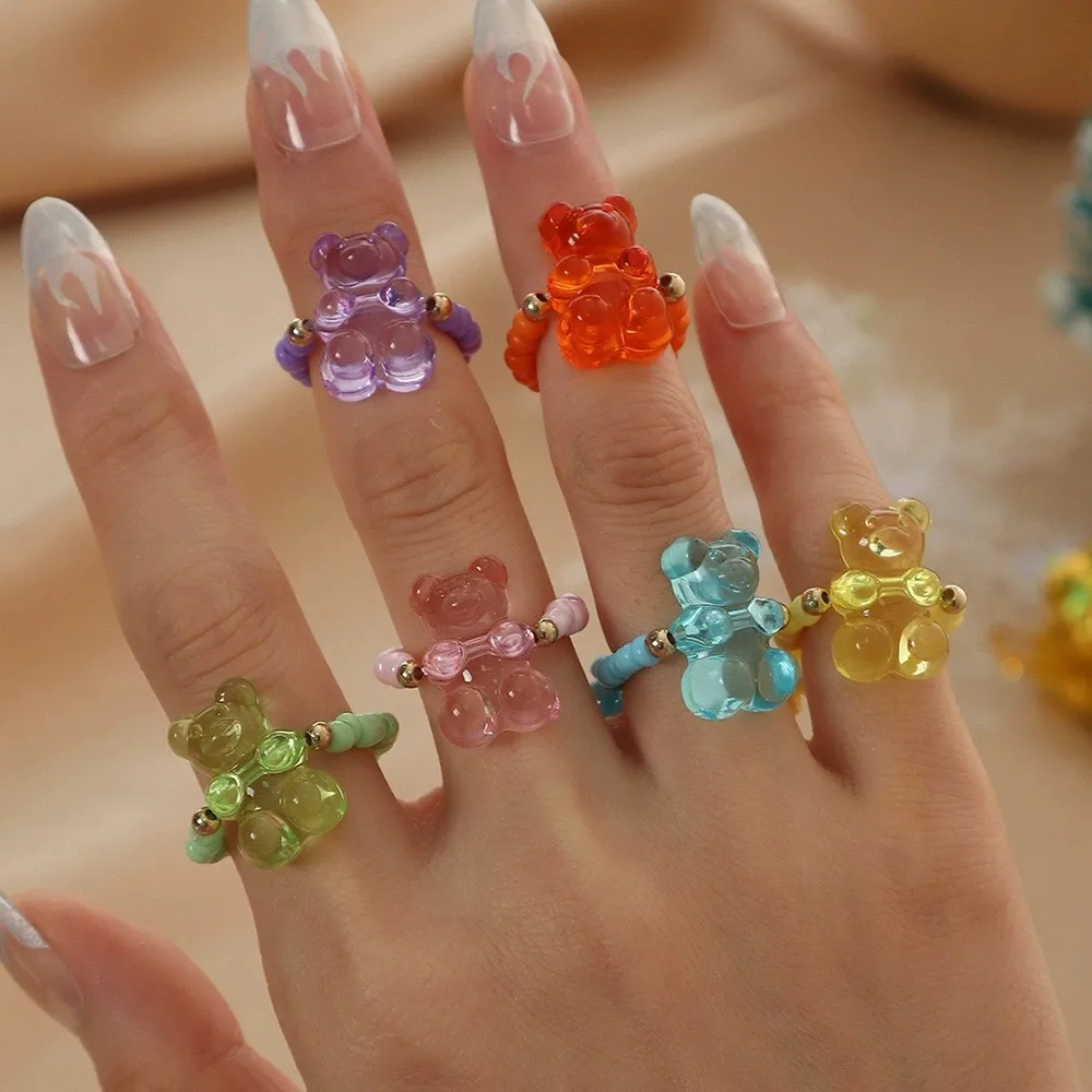 Ensemble de 6 pièces ondulées coréennes, couleur gelée Y2K, anneau ours mignon en résine, élasticité réglable, perle de riz, accessoires pour femmes, cadeau, 2025 Ensemble de 6 pièces ondulées coréennes, couleur gelée Y2K, anneau ours mignon en résine, élasticité réglable, perle de riz, accessoires pour femmes, cadeau, 2025
