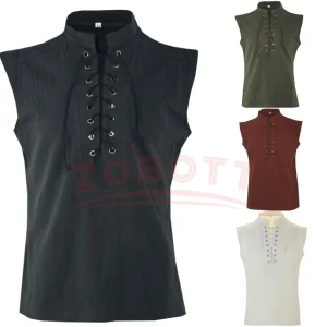 Hommes guerriers de la Renaissance médiévale chevalier Costume Robe chemise hauts T-Shirt sans manches à lacets conception chemise coupe ample gilet vêtements Hommes guerriers de la Renaissance médiévale chevalier Costume Robe chemise hauts T-Shirt sans manches à lacets conception chemise coupe ample gilet vêtements
