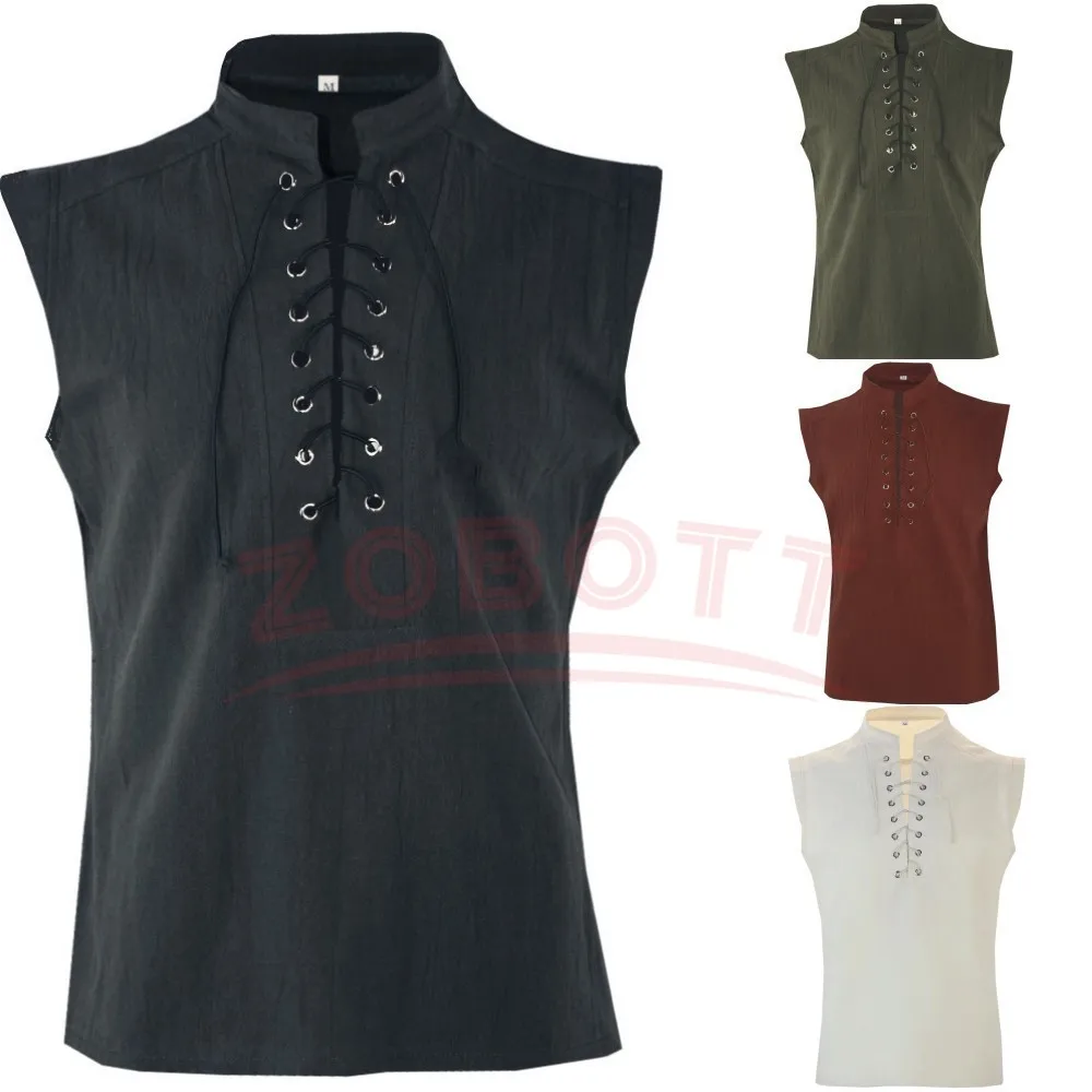 Hommes guerriers de la Renaissance médiévale chevalier Costume Robe chemise hauts T-Shirt sans manches à lacets conception chemise coupe ample gilet vêtements Hommes guerriers de la Renaissance médiévale chevalier Costume Robe chemise hauts T-Shirt sans manches à lacets conception chemise coupe ample gilet vêtements