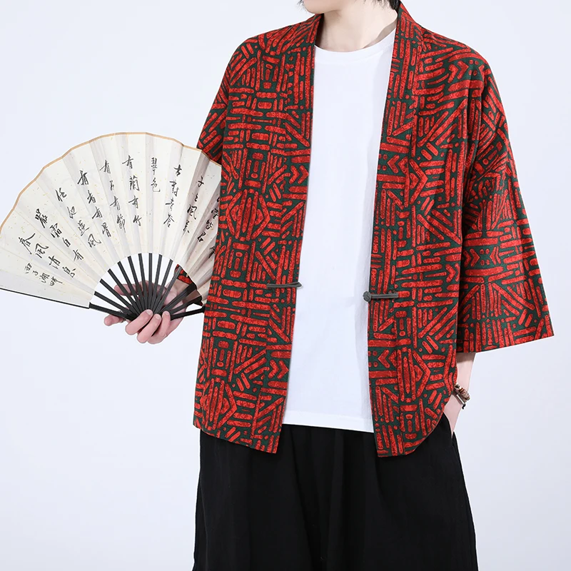 chemise kimono à manches courtes, nouveau modèle, haut ethnique avec boutons à nœud de style chinois, design ouvert sur le devant d'inspiration japonaise, léger chemise kimono à manches courtes, nouveau modèle, haut ethnique avec boutons à nœud de style chinois, design ouvert sur le devant d'inspiration japonaise, léger