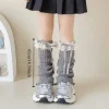 jambières décontractées avec ruban à nœud harajuku, bas longs, couleur unie, couvre pieds tricoté, kawaii, chaussettes tricotées lolita douces, automne