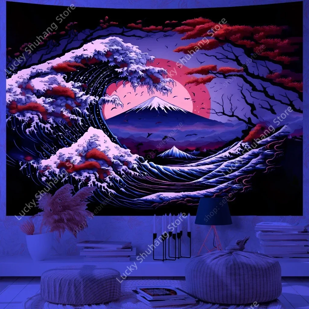 Tapisserie murale japonaise réactive UV, grandes vagues, mont Fuji, pour décoration de chambre, rideau esthétique, couverture, décoration murale de maison