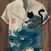 chemise en lin imprimé chat kimono de style japonais pour hommes, col montant à la mode, manches courtes, expédition rapide, été