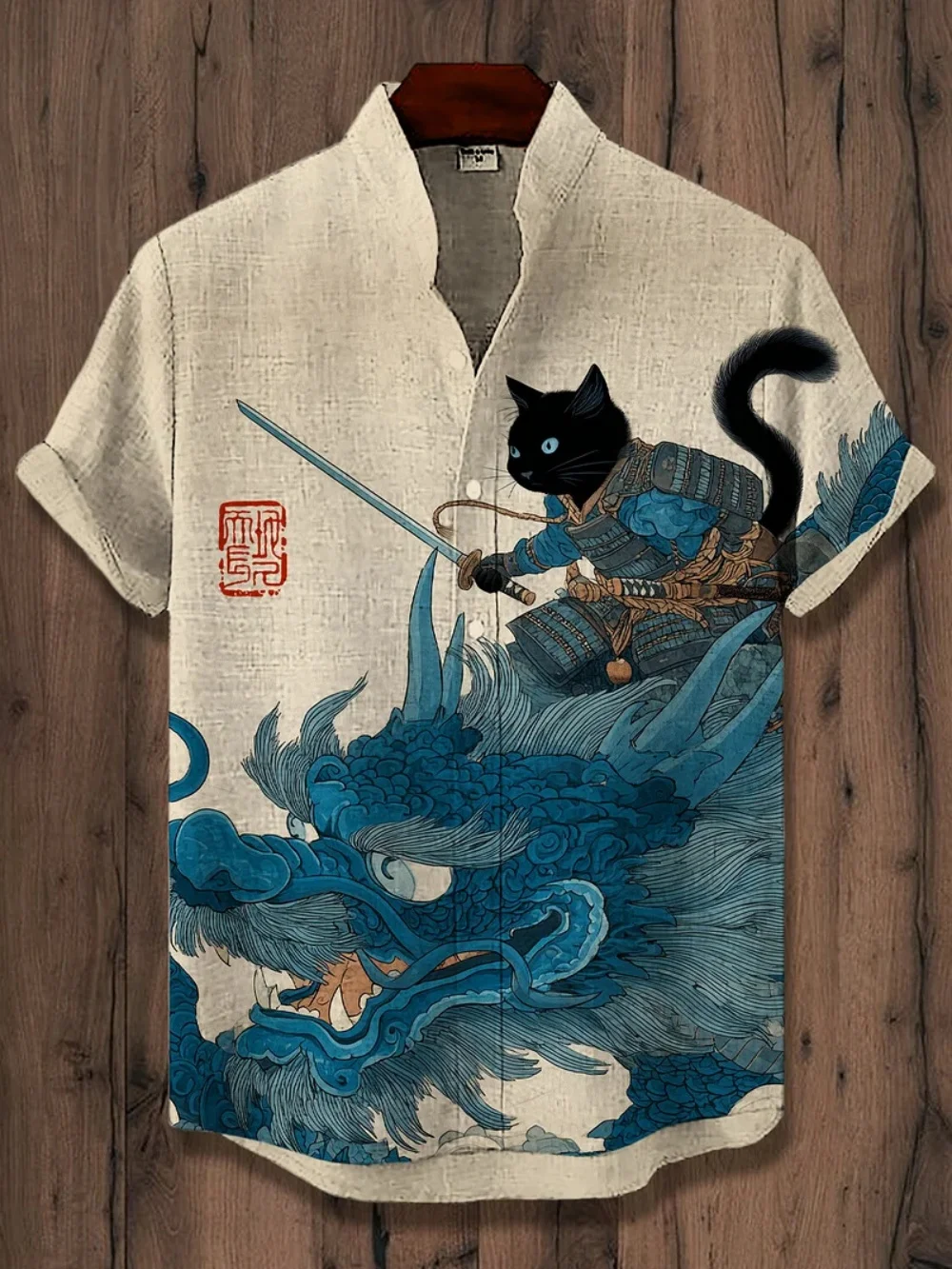 chemise en lin imprimé chat kimono de style japonais pour hommes, col montant à la mode, manches courtes, expédition rapide, été chemise en lin imprimé chat kimono de style japonais pour hommes, col montant à la mode, manches courtes, expédition rapide, été