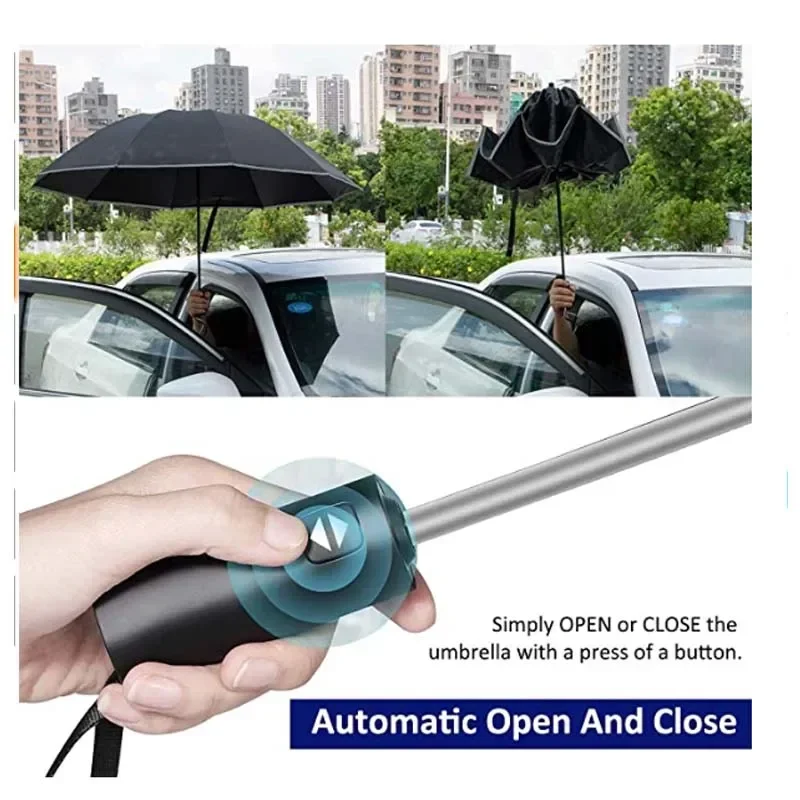 parapluie pliant inversé entièrement automatique pour hommes et femmes, avec bande réfléchissante coupe vent, uv parapluie pliant inversé entièrement automatique pour hommes et femmes, avec bande réfléchissante coupe vent, uv