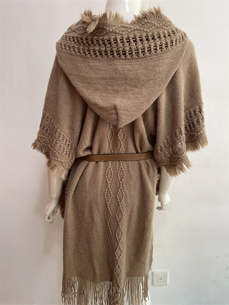 cape poncho à capuche en crochet, châle boho chic à franges pour femmes, vêtements d'extérieur polyvalents printemps automne cape poncho à capuche en crochet, châle boho chic à franges pour femmes, vêtements d'extérieur polyvalents printemps automne