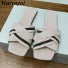 2025 fond plat bout carré pantoufles en cuir véritable chaîne perle décor paresseux sandales dames été loisirs de plein air vacances chaussures