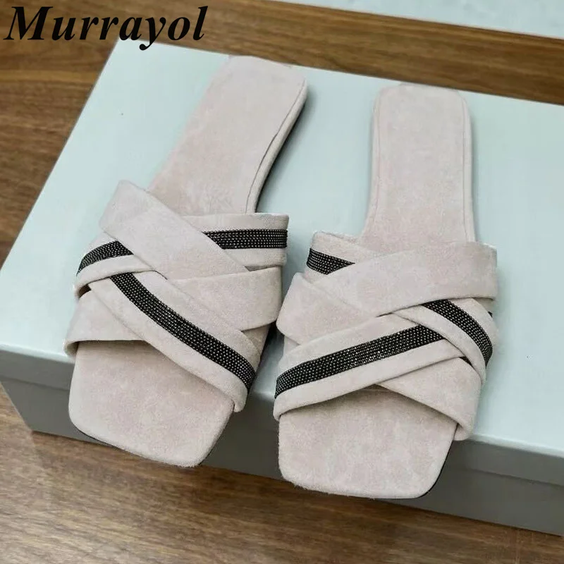 2025 fond plat bout carré pantoufles en cuir véritable chaîne perle décor paresseux sandales dames été loisirs de plein air vacances chaussures 2025 fond plat bout carré pantoufles en cuir véritable chaîne perle décor paresseux sandales dames été loisirs de plein air vacances chaussures