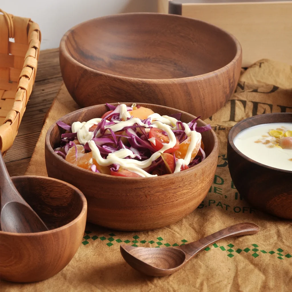 Filles en bois d&rsquo;acacia de style japonais, vaisselle anglaise, ménage et bassin, assiette de fruits, bol à salade, bol à soupe en bois entier