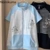 Japonais rayé femmes t-shirts 2025 Ropa Mujer à manches courtes col montant t-shirts demi fermeture éclair Camisetas Y2k hauts décontracté été t-shirt Japonais rayé femmes t-shirts 2025 Ropa Mujer à manches courtes col montant t-shirts demi fermeture éclair Camisetas Y2k hauts décontracté été t-shirt