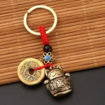 Porte-clés de voiture chat porte-bonheur Vintage pur fait à la main, porte-bonheur cinq empereurs, pièces de monnaie Feng Shui, porte-clés porte-bonheur solide, 1 pièce
