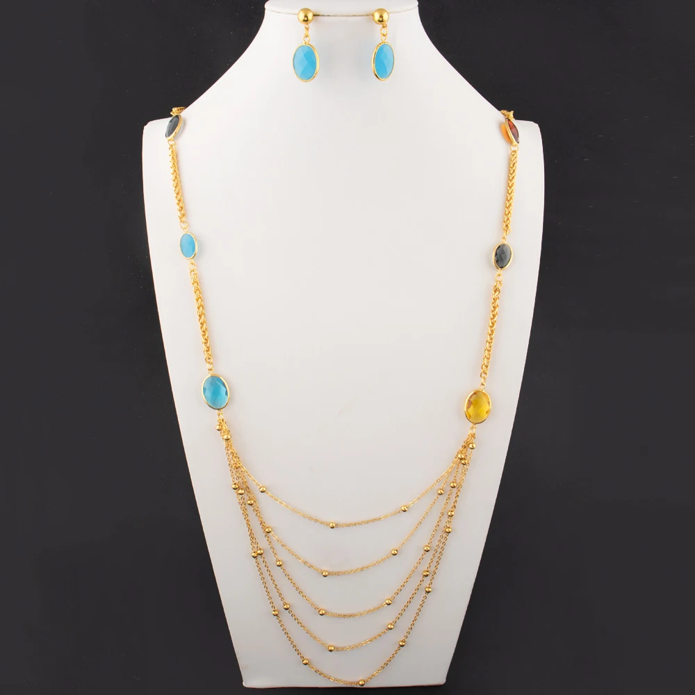 Ensembles de colliers indiens de mariée, longues chaînes en acier inoxydable plaqué or 24 carats pour femmes, nouvelles chaînes de clavicule pour filles, cadeaux de vacances Ensembles de colliers indiens de mariée, longues chaînes en acier inoxydable plaqué or 24 carats pour femmes, nouvelles chaînes de clavicule pour filles, cadeaux de vacances