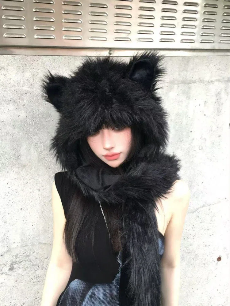 chapeau écharpe en fourrure japonais kawaii pour femme, garde au chaud, mode esthétique y2k, casquette vintage, oreilles d'ours, streetwear grunge, hiver chapeau écharpe en fourrure japonais kawaii pour femme, garde au chaud, mode esthétique y2k, casquette vintage, oreilles d'ours, streetwear grunge, hiver