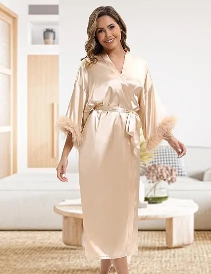 robe de mariée pour le jour de mariage, avec plumes, longue, kimono en satin, pour enterrement de vie de jeune fille, tenues prêtes robe de mariée pour le jour de mariage, avec plumes, longue, kimono en satin, pour enterrement de vie de jeune fille, tenues prêtes