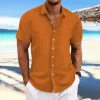 chemise ample décontractée à manches courtes pour hommes, en coton et lin rayé, jacquard, nouvelle collection