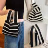 sac à main en tricot fait à la main pour femme, mini sac de poignet à nœud, sac fourre tout à carreaux à large rayure, sacs à provisions réutilisables pour étudiants, document décontracté japonais