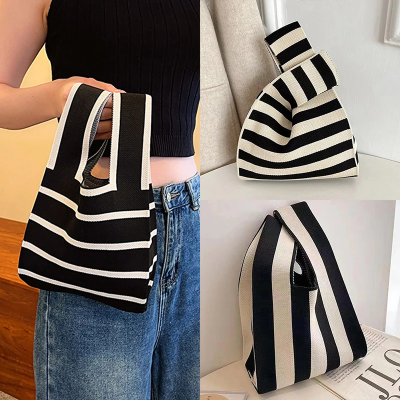 sac à main en tricot fait à la main pour femme, mini sac de poignet à nœud, sac fourre tout à carreaux à large rayure, sacs à provisions réutilisables pour étudiants, document décontracté japonais sac à main en tricot fait à la main pour femme, mini sac de poignet à nœud, sac fourre tout à carreaux à large rayure, sacs à provisions réutilisables pour étudiants, document décontracté japonais