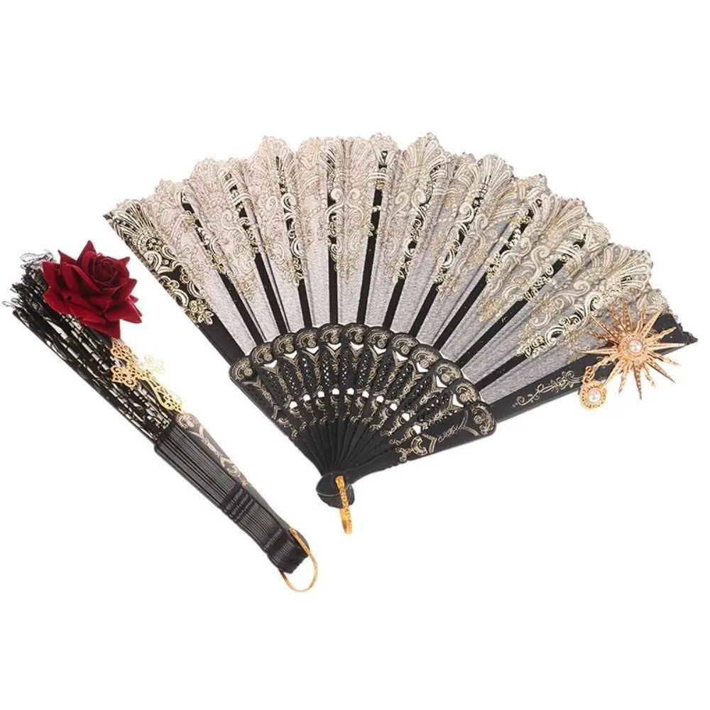 Éventail pliant en plastique de haute qualité, accessoires gothiques pour cour de photographie, lolita, dentelle, rose Éventail pliant en plastique de haute qualité, accessoires gothiques pour cour de photographie, lolita, dentelle, rose